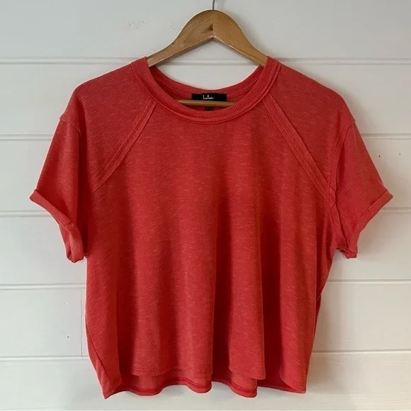 Lulu’s Cute Charisma Coral Pink Short Sleeve Slub Cropped Oversized Slouchy Tee - Picture 4 of 12
